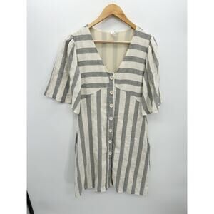 L Love Dress Women Medium Gray Cream Striped Button Down Midi Lagenlook Minimal